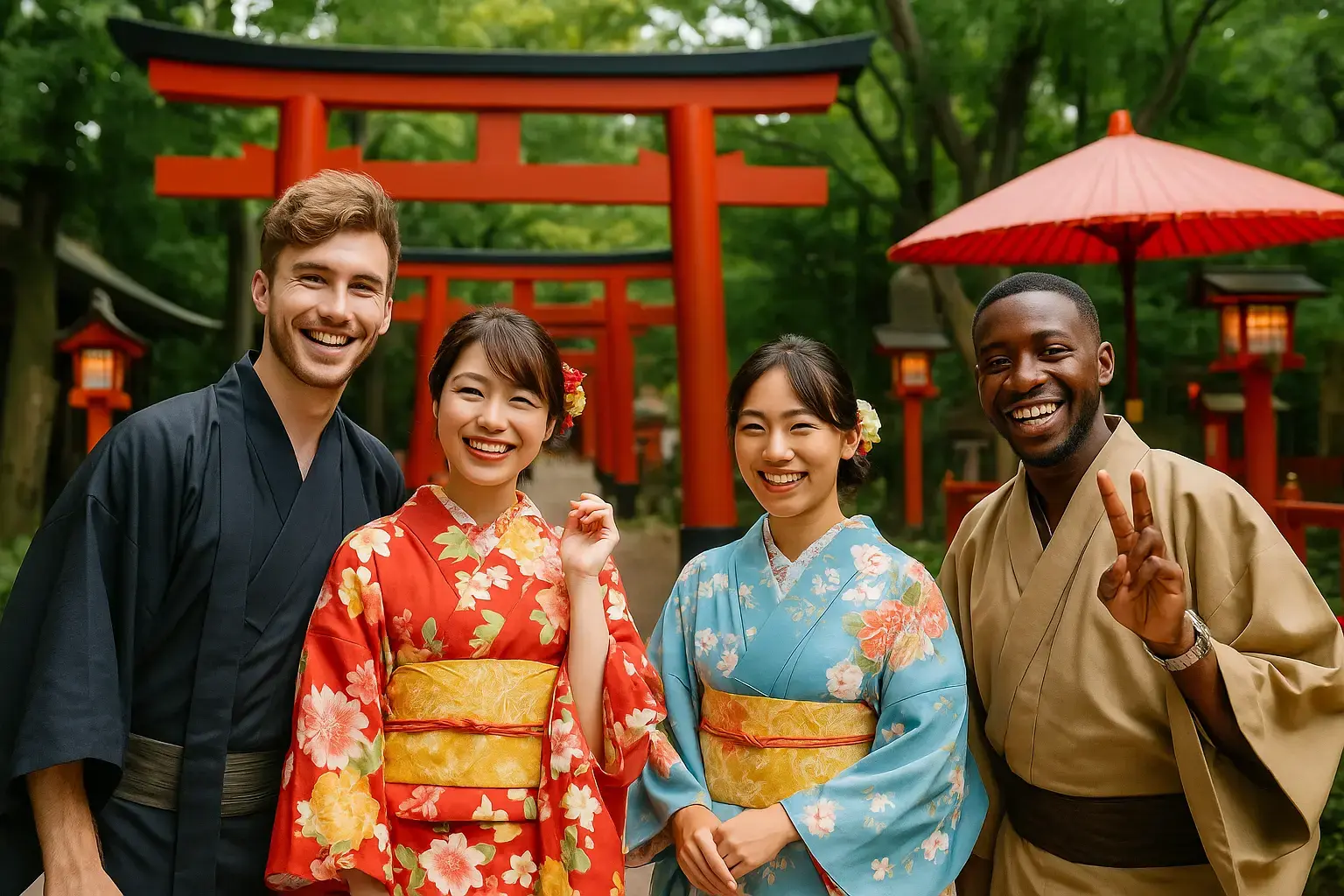 鳥居の前で着物・浴衣を着た日本人と外国人
