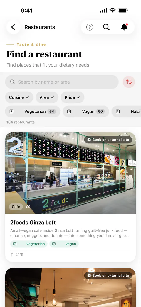 Find a restaurant, filtered by vegetarian, vegan, halal and other diets