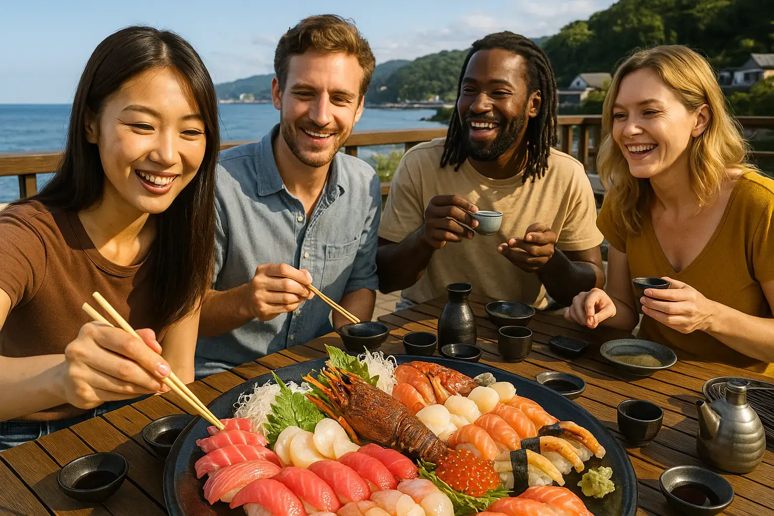 海外から来た人と一緒に和食を囲む様子
